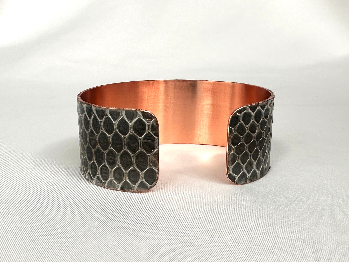 1" Antiqued Copper Snake Shed Cuff Bracelet (Baron's Racer)