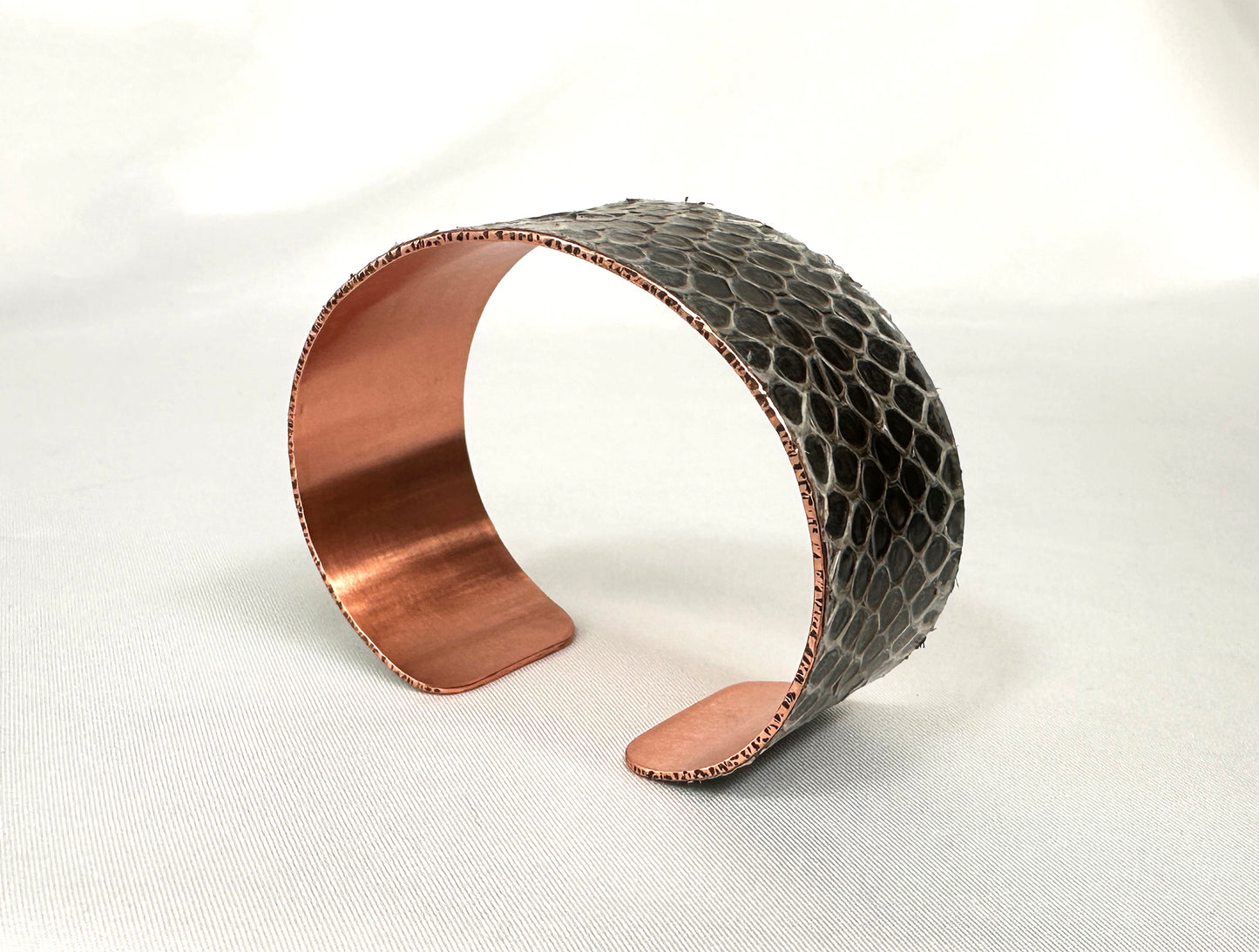 1" Antiqued Copper Snake Shed Cuff Bracelet (Baron's Racer)