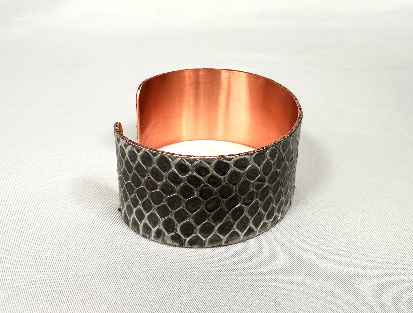 1" Antiqued Copper Snake Shed Cuff Bracelet (Baron's Racer)