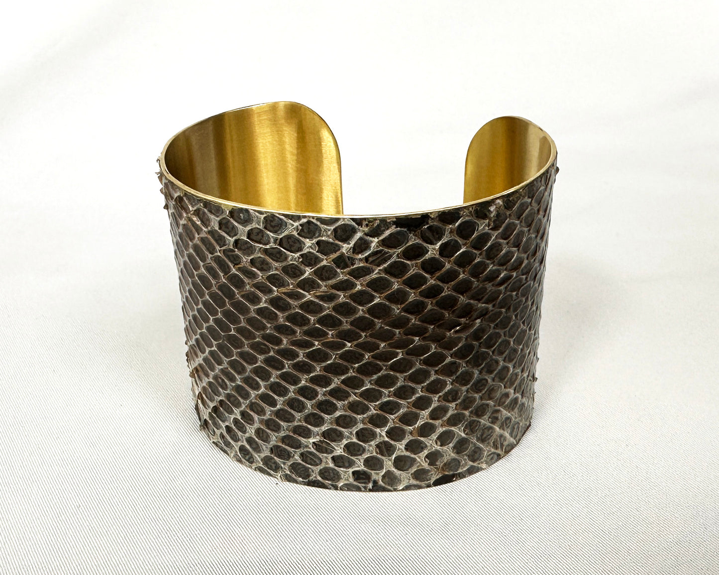 2" Antiqued Brass Snake Shed Cuff Bracelet (Mexican Black Kingsnake)