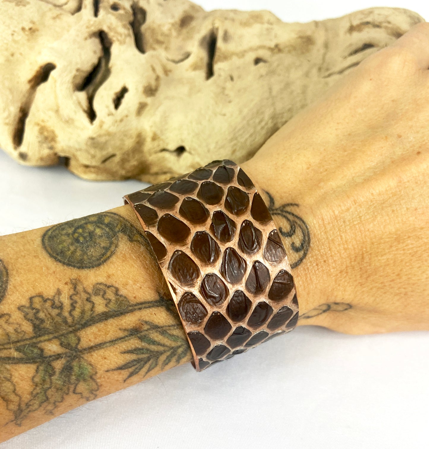 1.25" Copper Snake Shed Cuff Bracelet (Eastern Indigo)