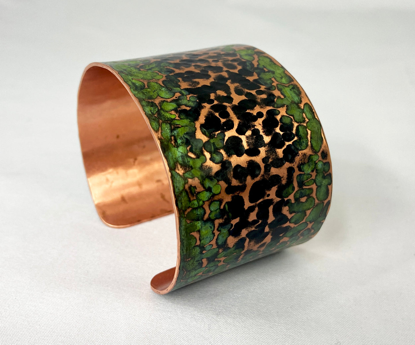 Large sized Hammered Copper Cuff Bracelet with Antique and Green