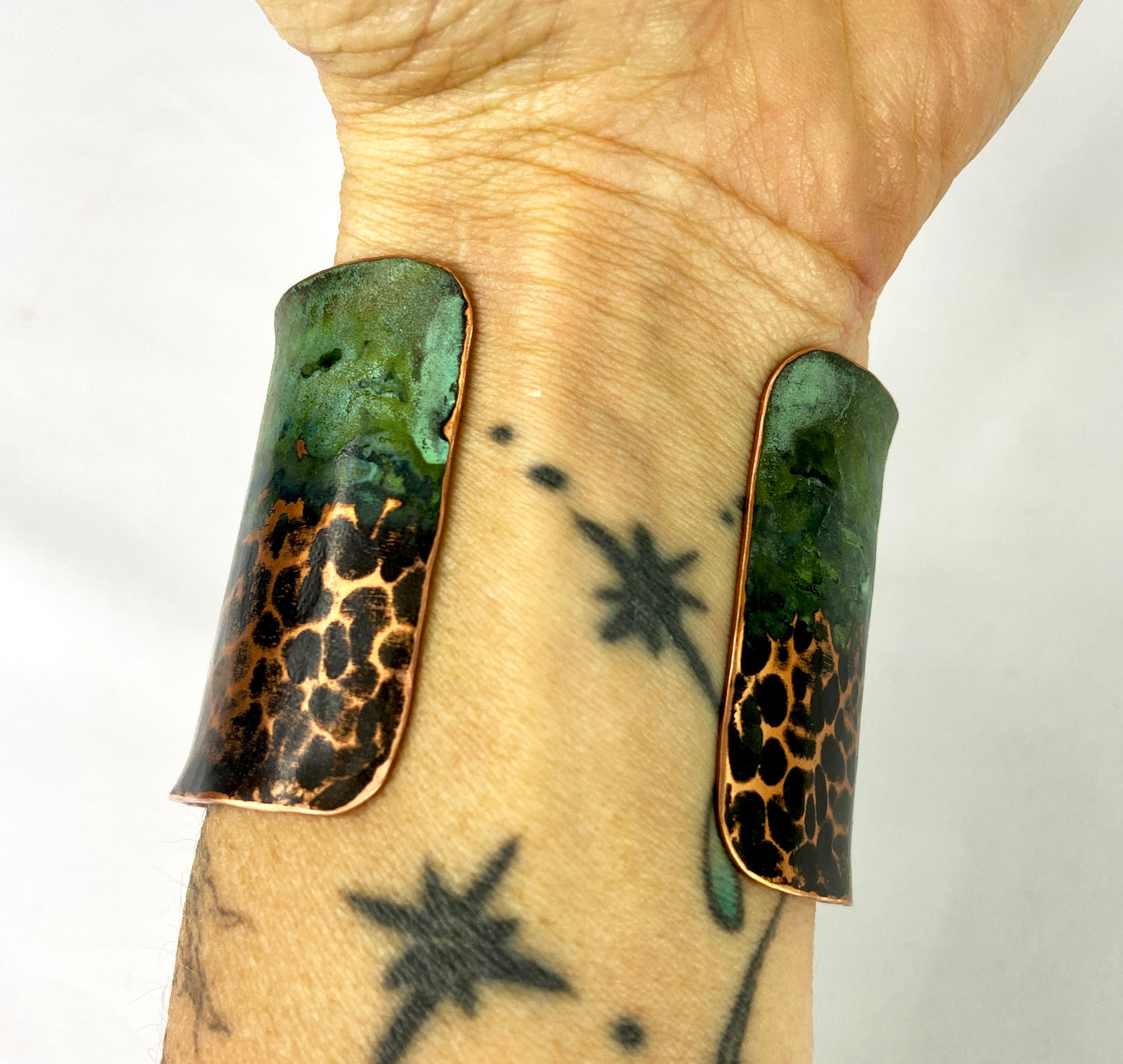 Hammered Copper Cuff Bracelet with Antique and Green