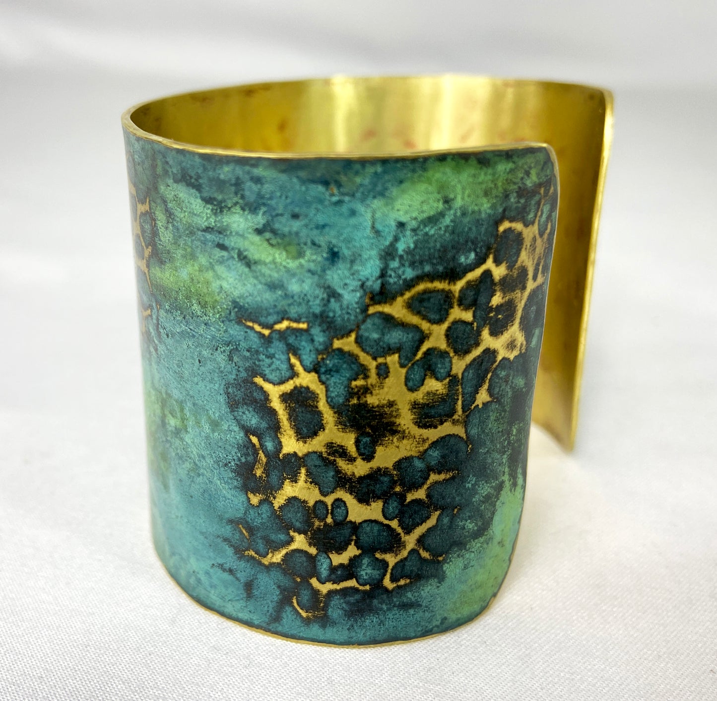 Wide Hammered Tiffany Green "Crackle" Brass Cuff Bracelet