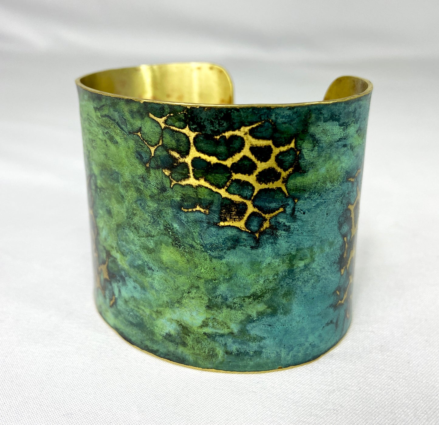 Wide Hammered Tiffany Green "Crackle" Brass Cuff Bracelet