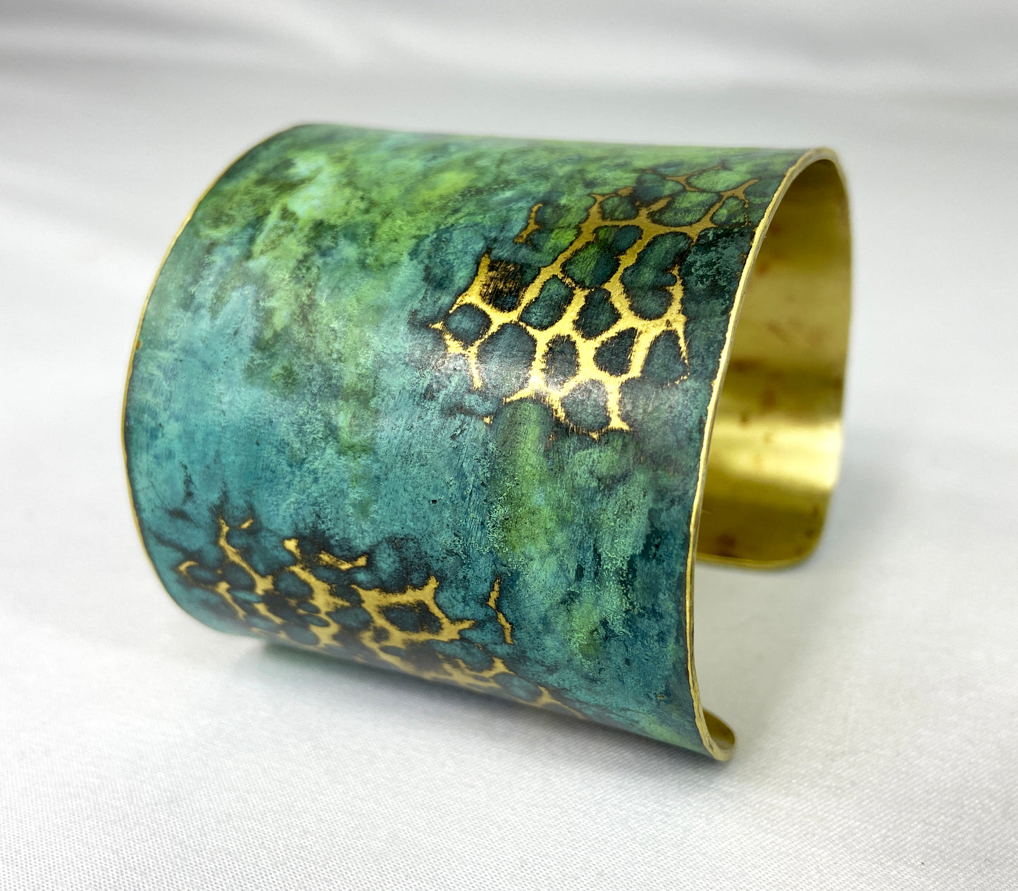 Wide Hammered Tiffany Green "Crackle" Brass Cuff Bracelet
