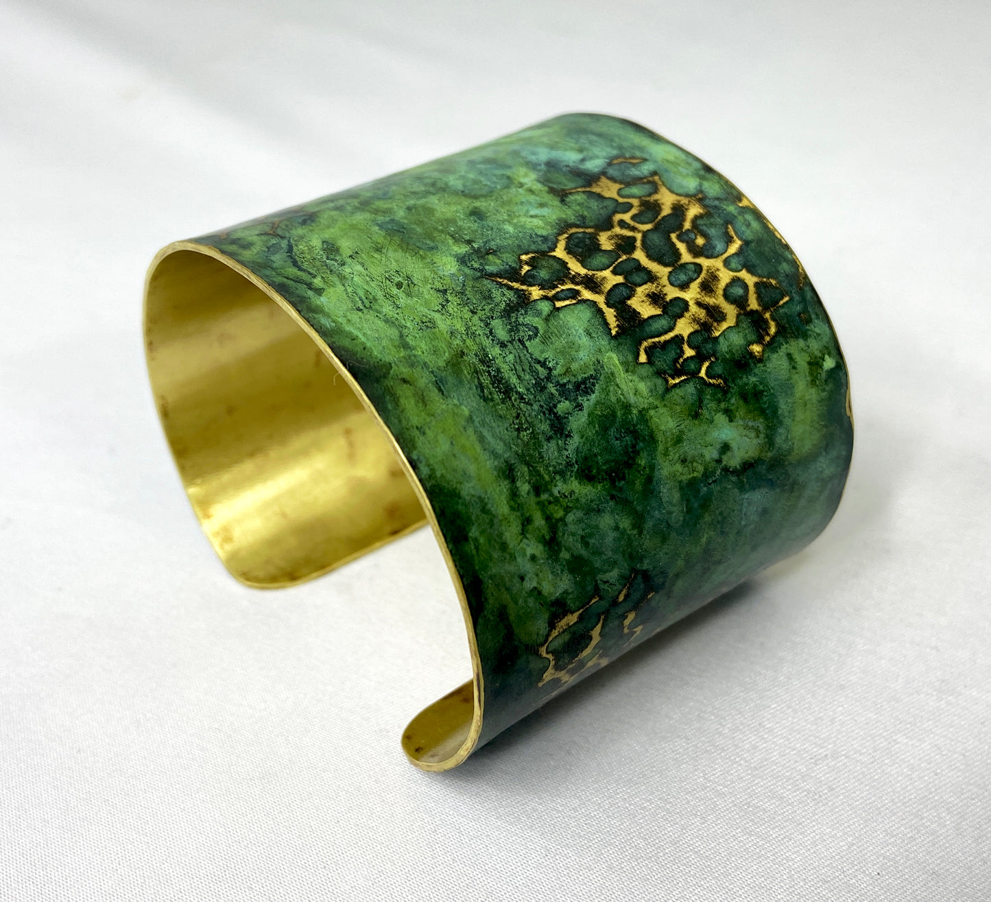 Wide Hammered Tiffany Green "Crackle" Brass Cuff Bracelet