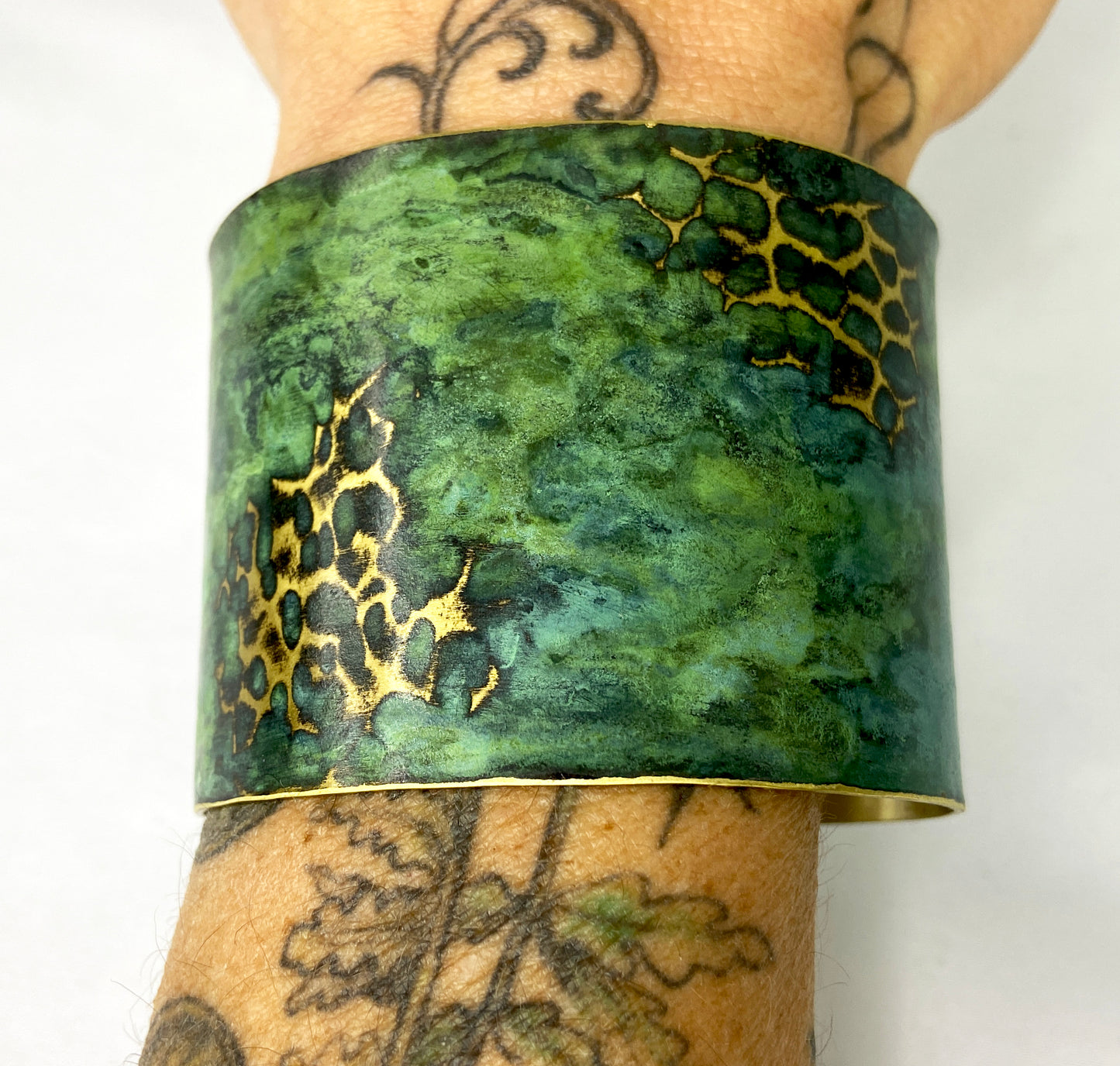 Wide Hammered Tiffany Green "Crackle" Brass Cuff Bracelet