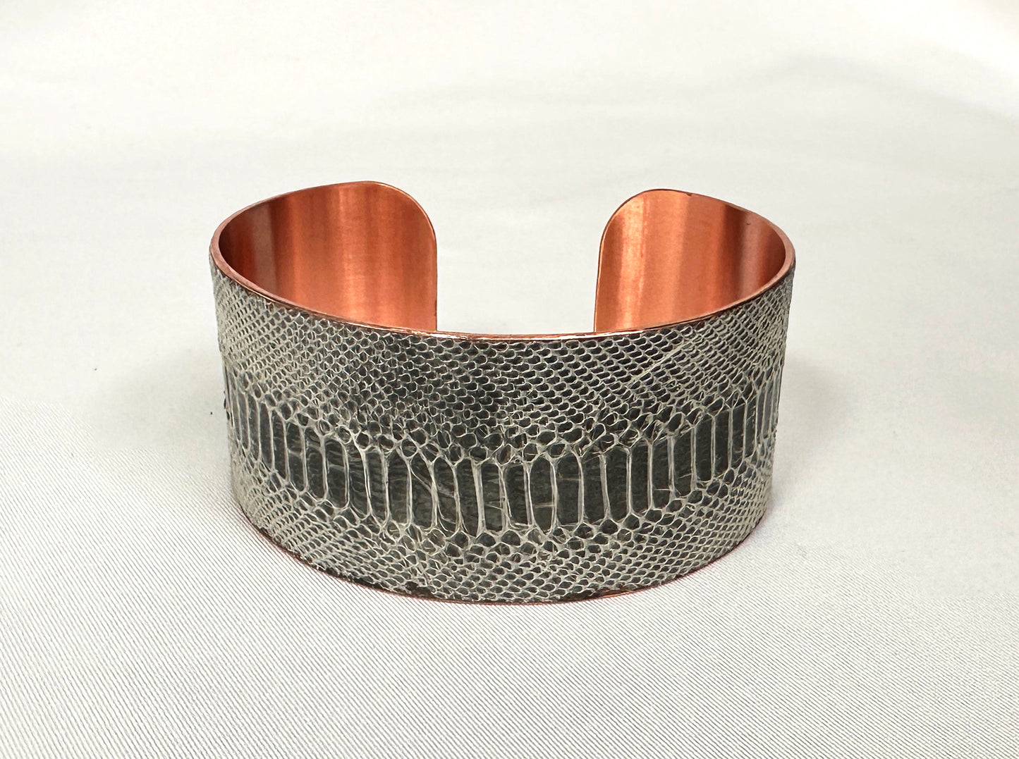1.5" Antiqued Copper Snake Shed Cuff Bracelet (Colombian Rainbow Boa)