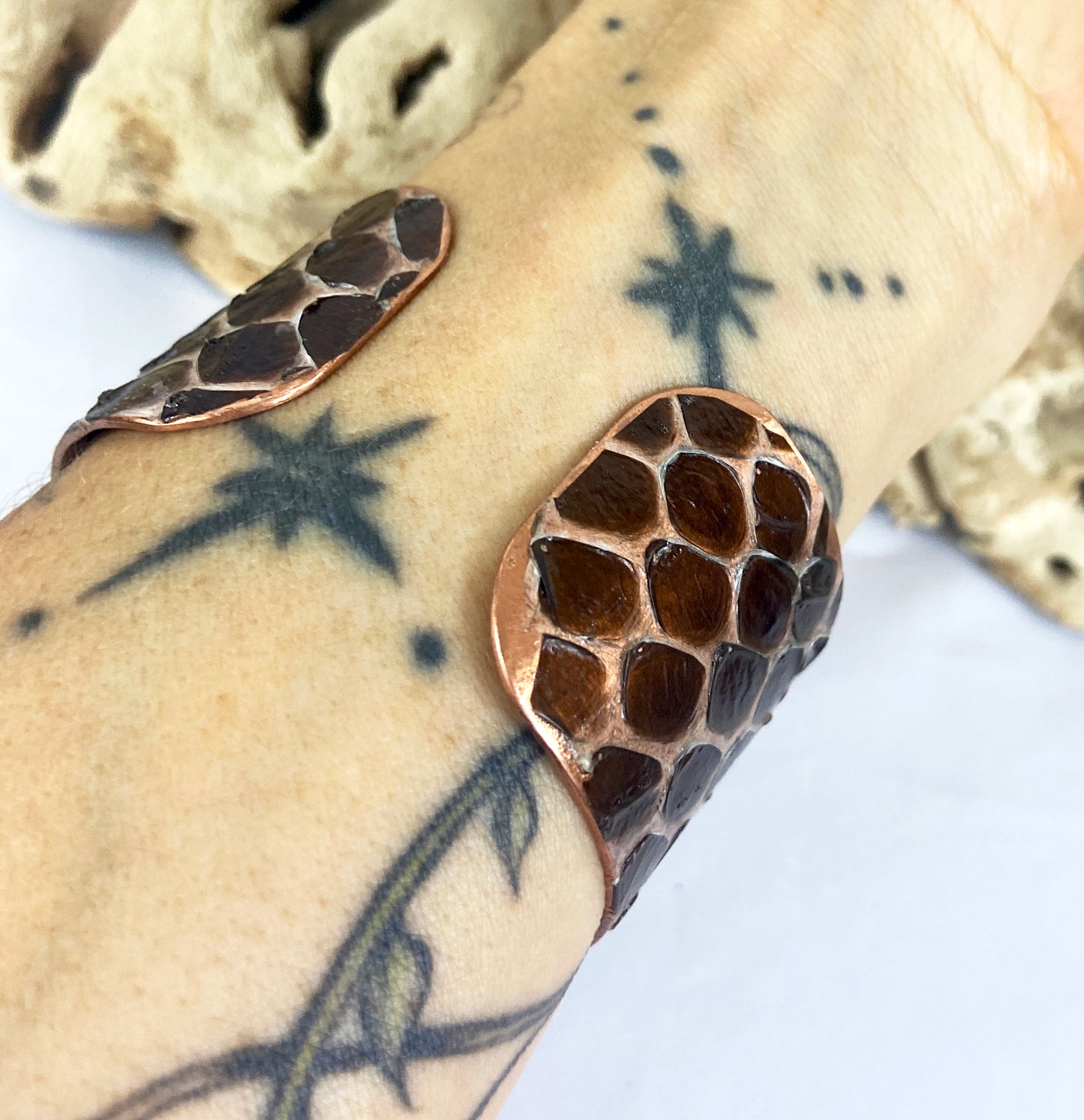 1.25" Copper Snake Shed Cuff Bracelet (Eastern Indigo)