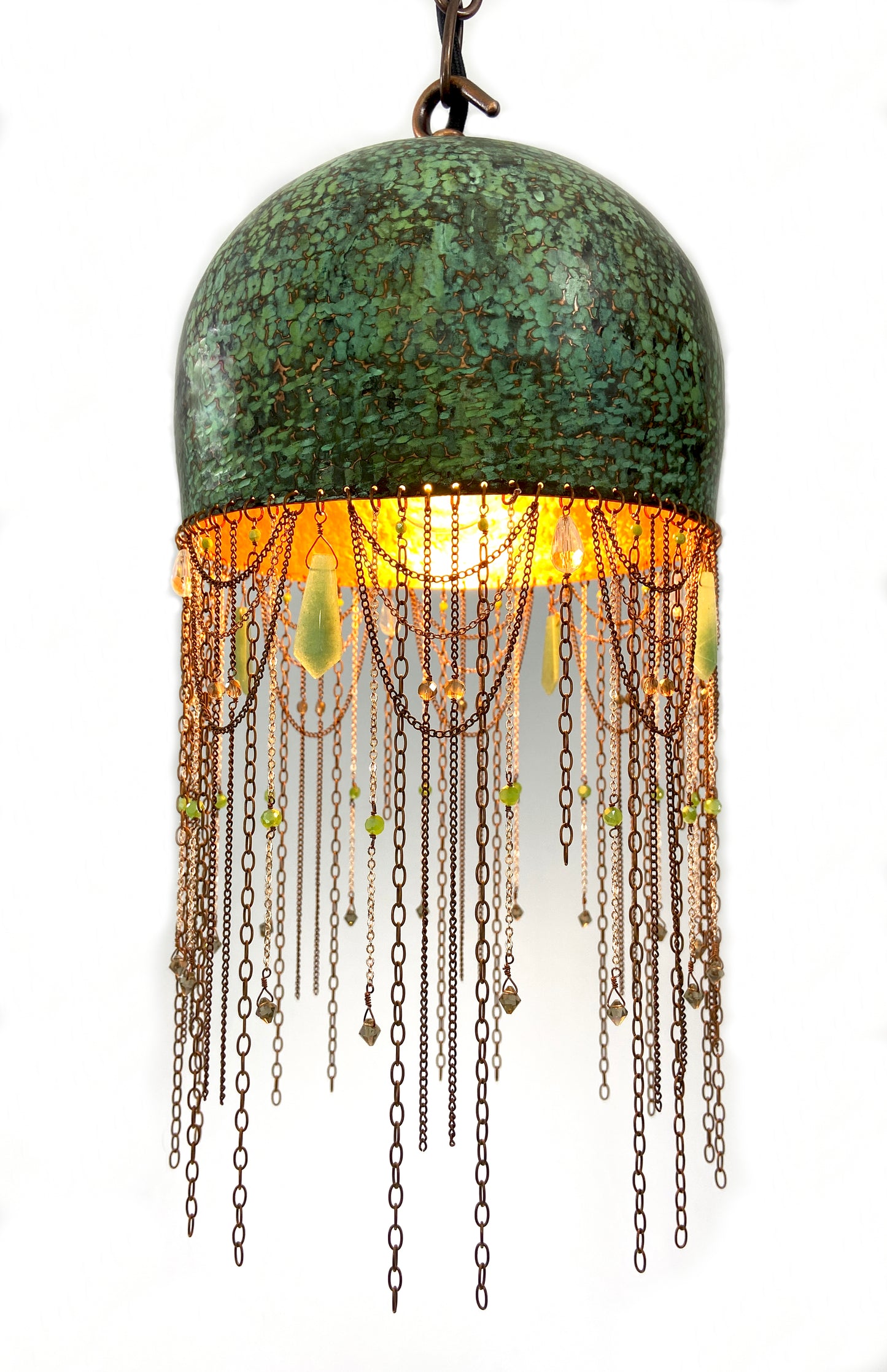 Green Pendant Lamp with Adventurine, Smokey Quartz and Crystal