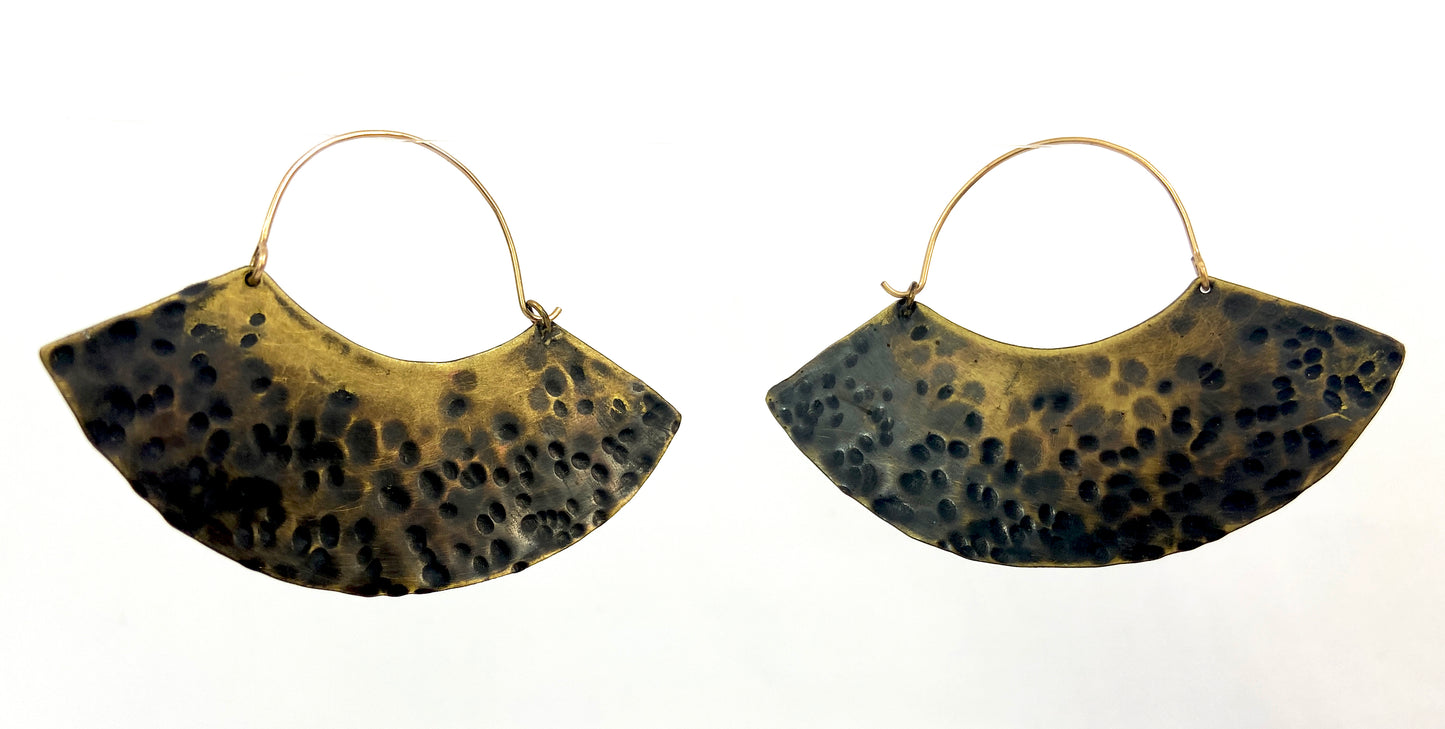 Hammered Antiqued Brass Bell Earrings with Ball Peen Pattern