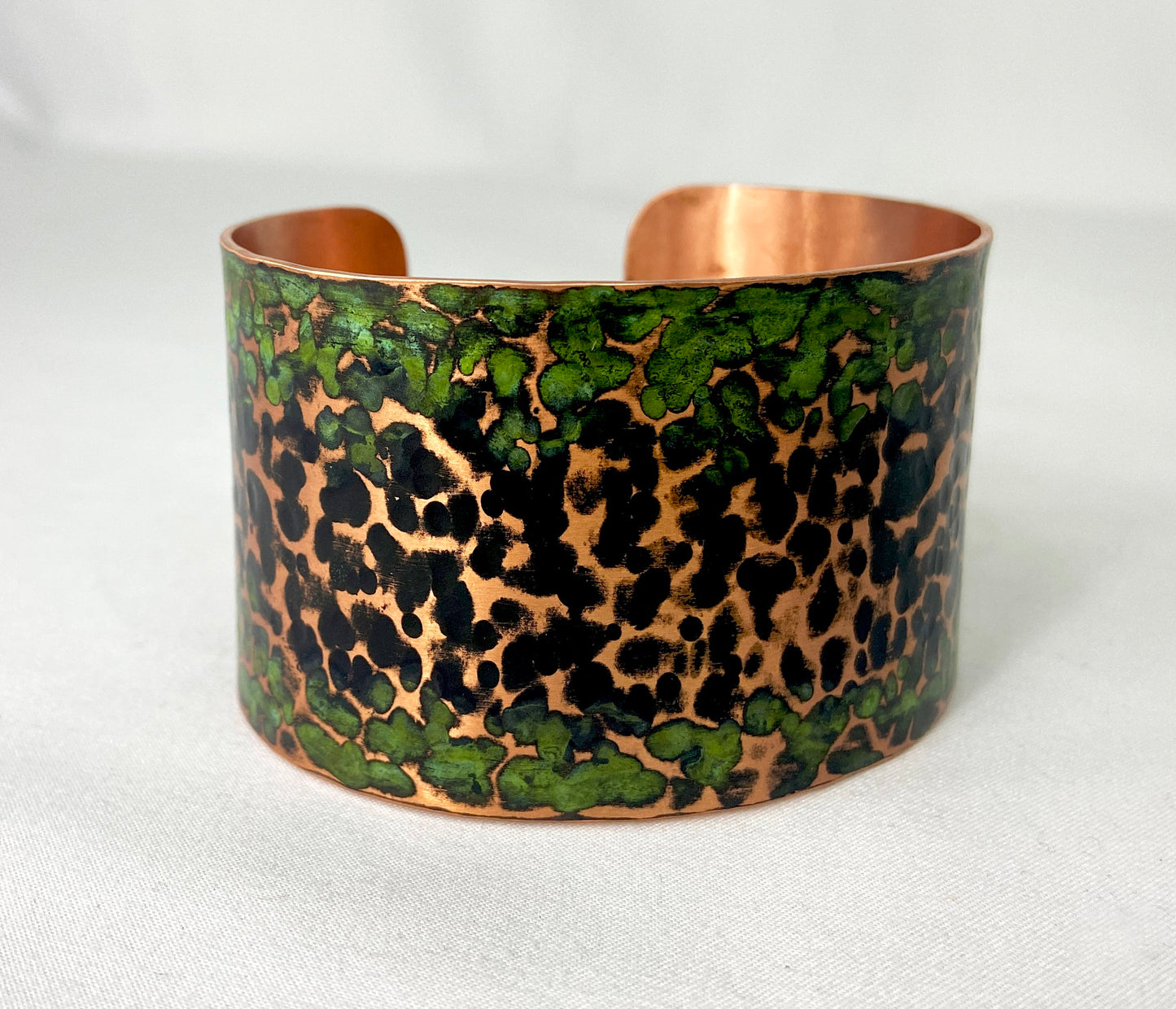 Large sized Hammered Copper Cuff Bracelet with Antique and Green