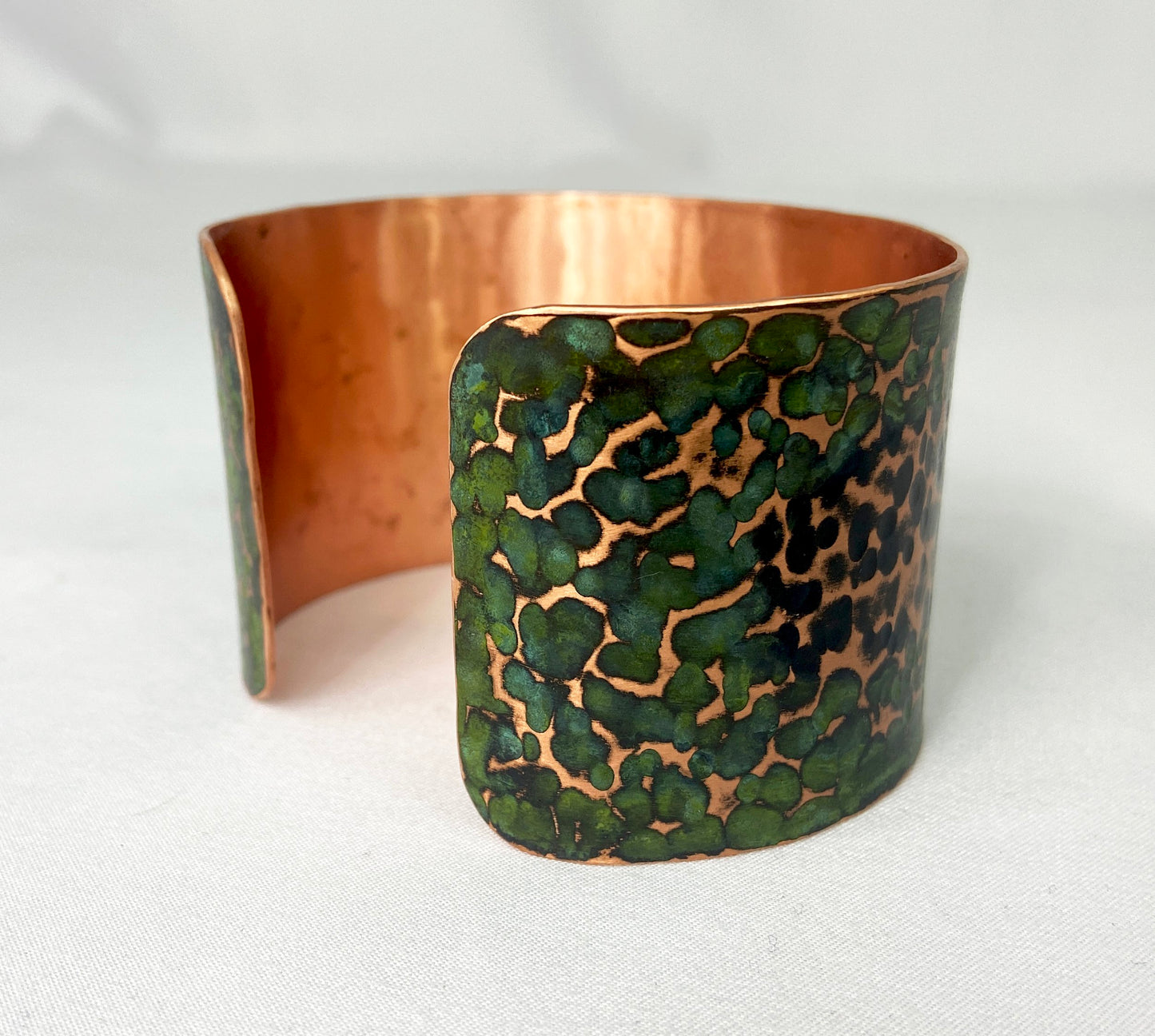 Large sized Hammered Copper Cuff Bracelet with Antique and Green