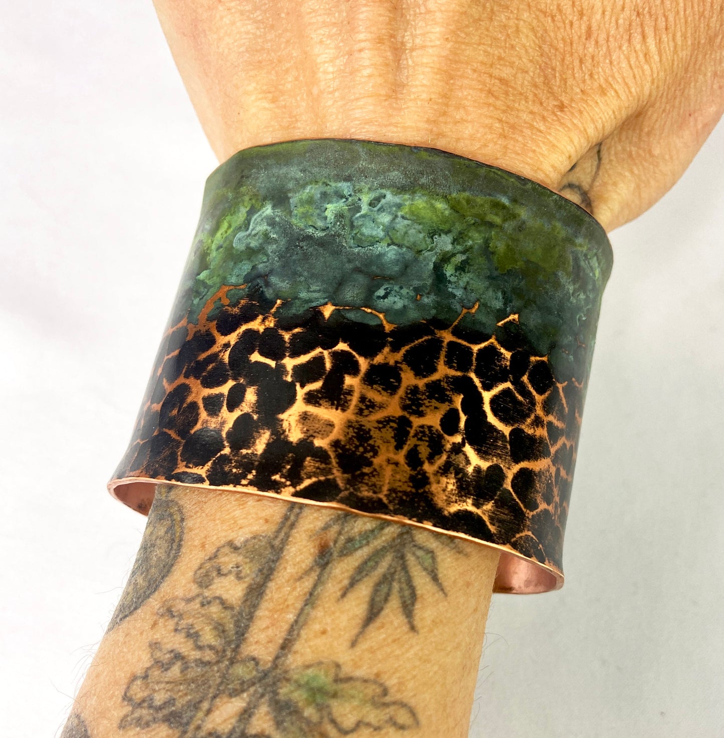 Hammered Copper Cuff Bracelet with Antique and Green