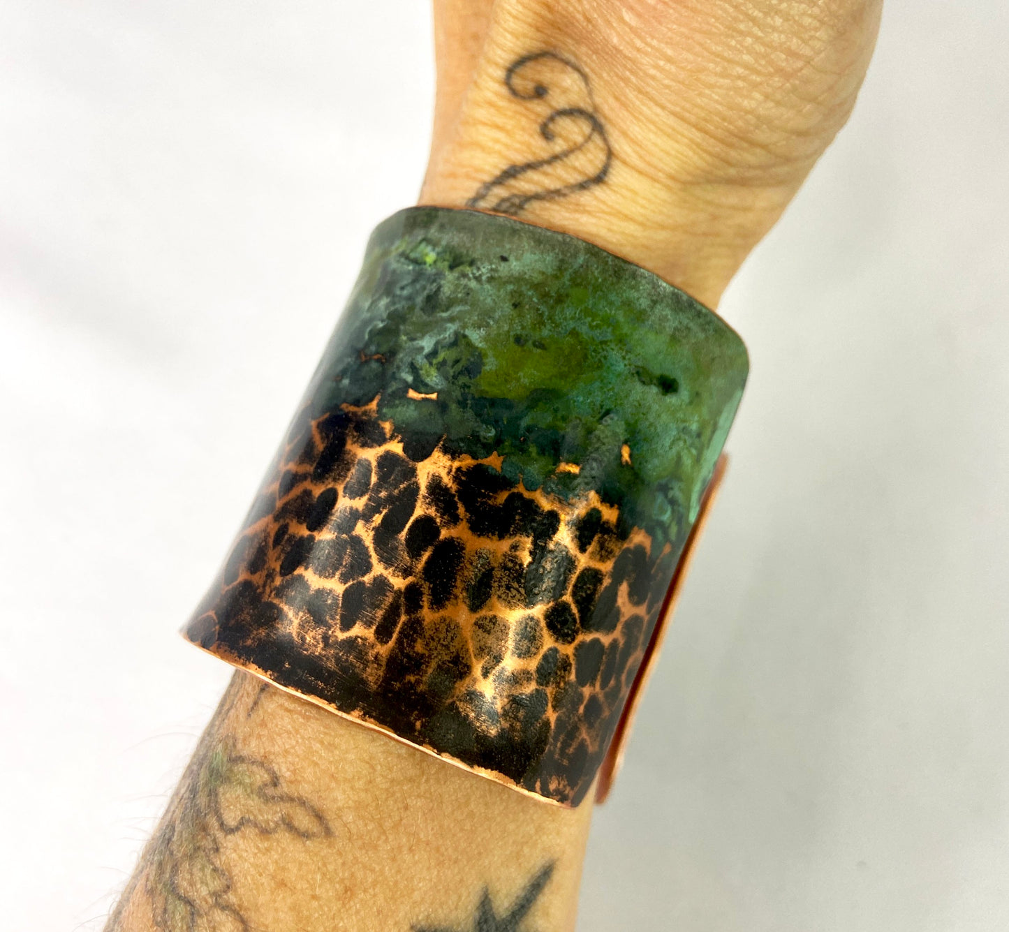 Hammered Copper Cuff Bracelet with Antique and Green