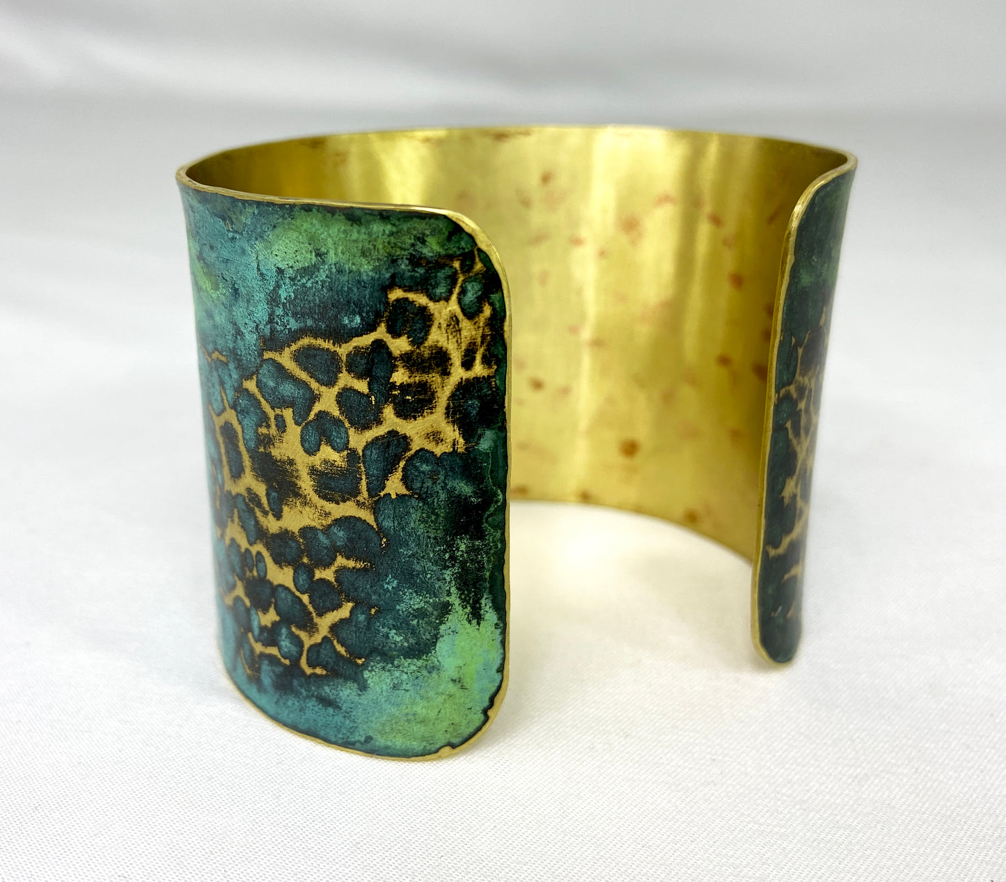 Wide Hammered Tiffany Green "Crackle" Brass Cuff Bracelet